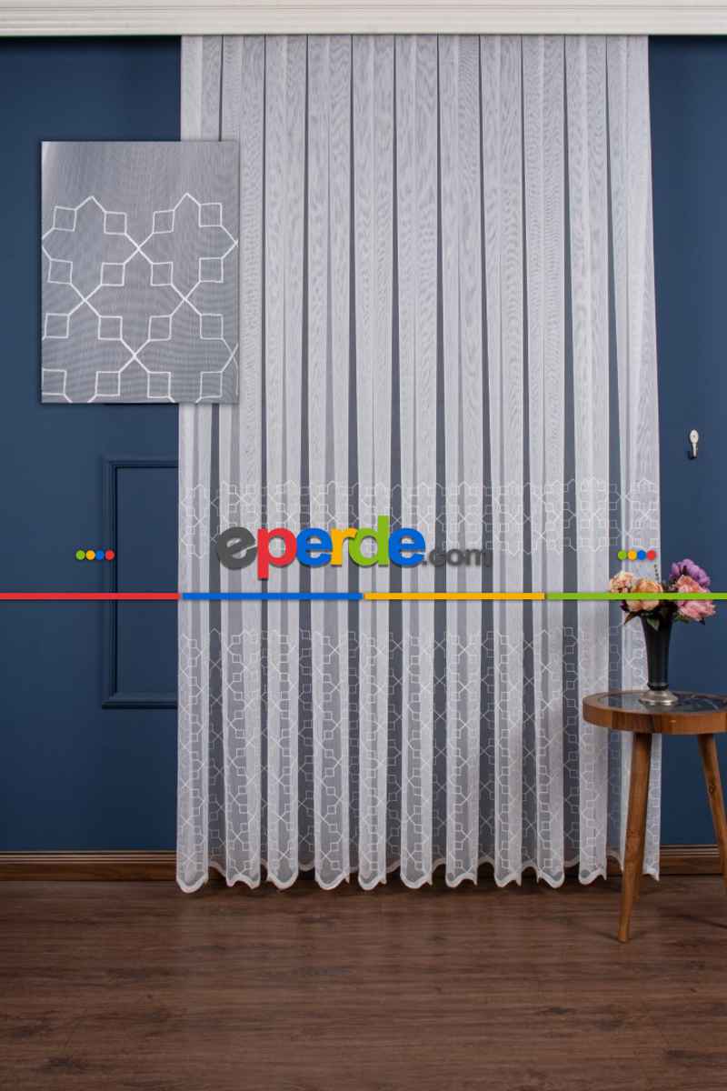 Salon Tül Perde - Geometri Nakış İşlemeli Tül Perde