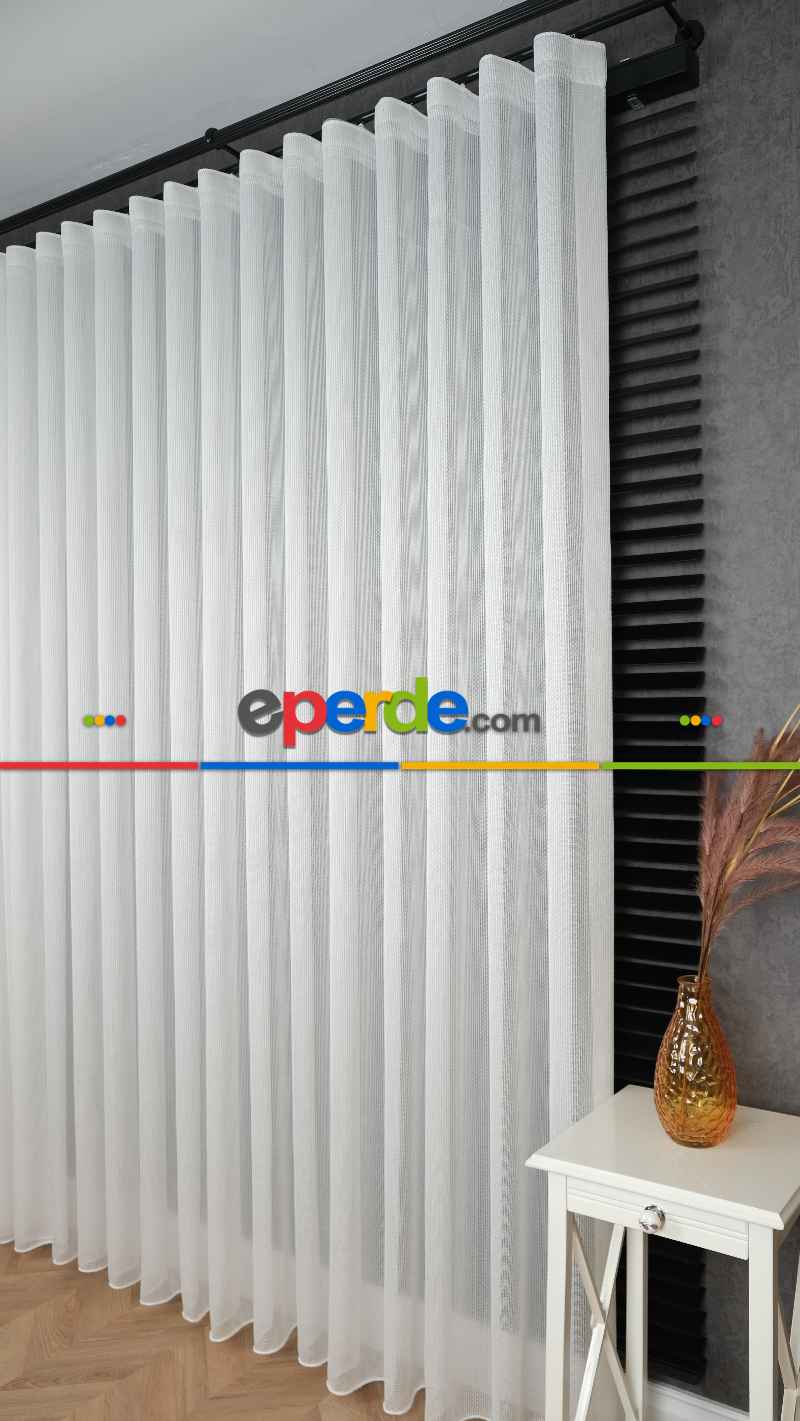 Ekru Çizgili Tül Perde, Ağır Gramajlı Premium Seri, Eteği Kurşunlu