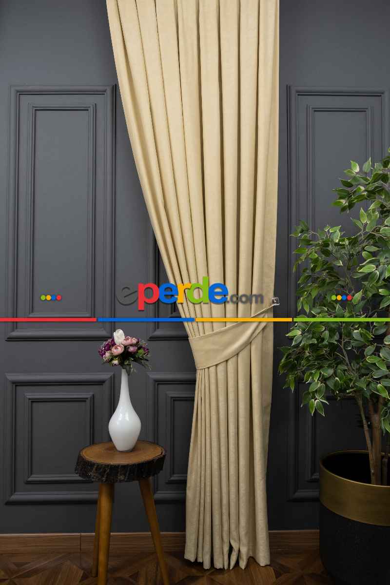 Salon - Soft Fon Perde Açık Bej Rengi Dökümlü En - Kum Beji