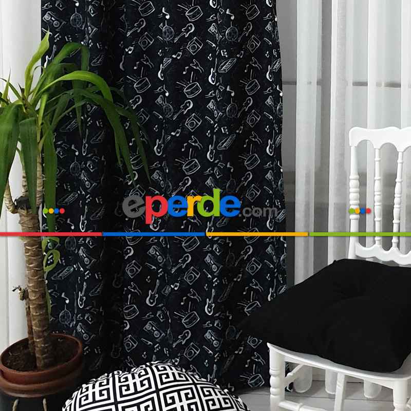 Müzik Aletleri Desenli Fon Perde Evm406 Kumaşı Kalındır Duck Bezi Değildir-  Çok Renkli 2