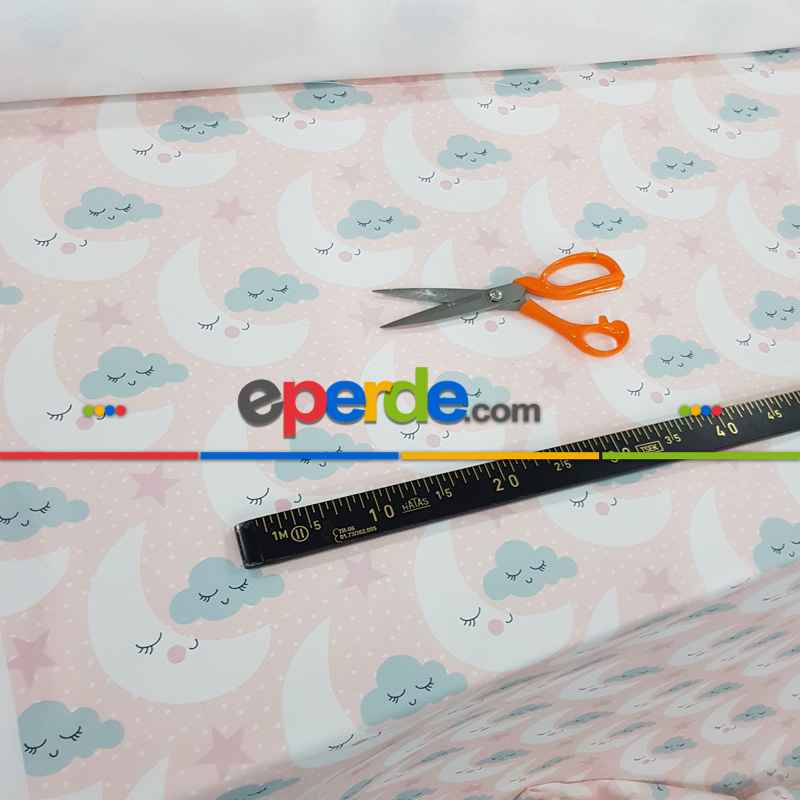 Bulut Ve Çocuk Odası Desenli Fon Perde K514 Kumaşı Kalındır Duck Bezi Değildir- Beyaz