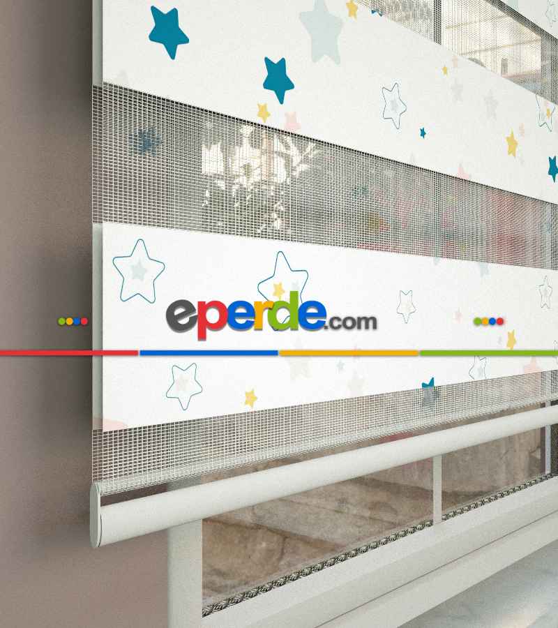 Yıldız Desenli Baskılı Zebra Perde- Çok Renkli
