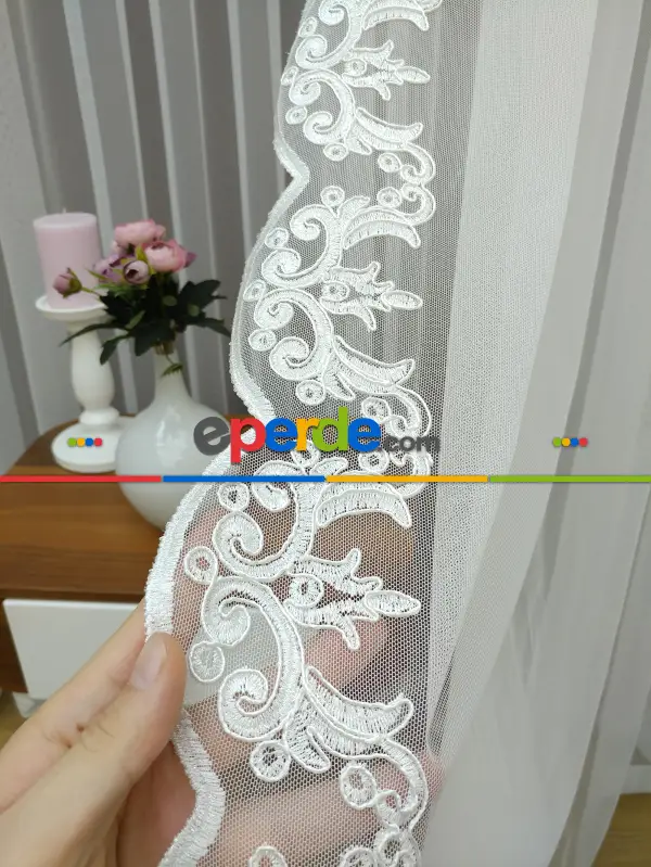 Fansız Dantel Fon Perde Etek Ucu Nakış (güpür ) İşlemeli - 8 (kombin İçin Açıklamayı Okuyunuz)- Ekru