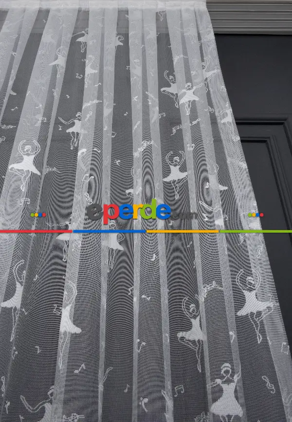 Balerin Desenli Ekru Renkli Kız Çocuk Odası İçin Tül Perde