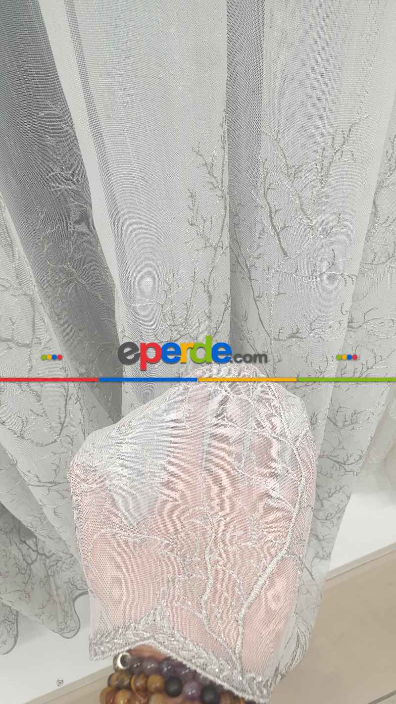 Oturma Odası - Selvi Ağaç Desenli İşlemeli Tül Perde - Açık Krem