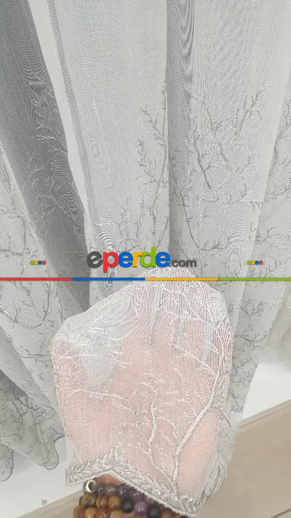 Salon - Selvi Ağaç Desenli İşlemeli Tül Perde - Açık Krem