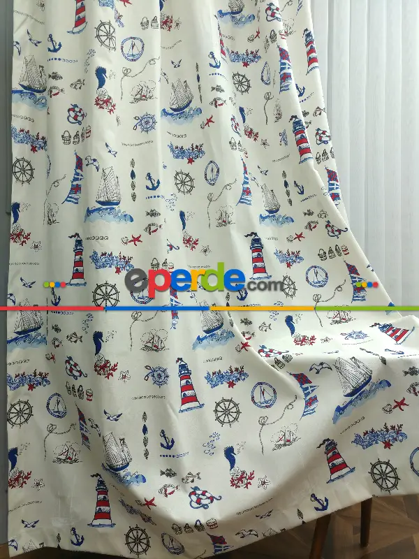 Denizci Desenli Çocuk Odası Fon Perde ( Leke Tutmaz )-  Çok Renkli 3
