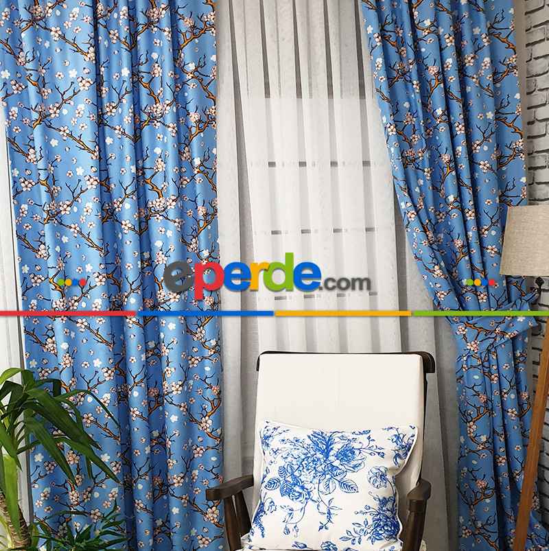 Çiçek Desenli Fon Perde Evm389 - Kumaşı Kalındır Duck Bezi Değildir.- Turkuaz-Kahve