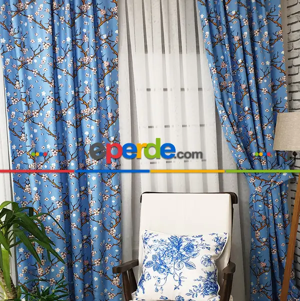 Çiçek Desenli Fon Perde Evm389 - Kumaşı Kalındır Duck Bezi Değildir.- Turkuaz-Kahve