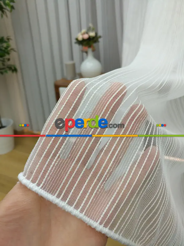 Boyuna Zincir Tül Perde- Ekru - Kurşunlu Tül