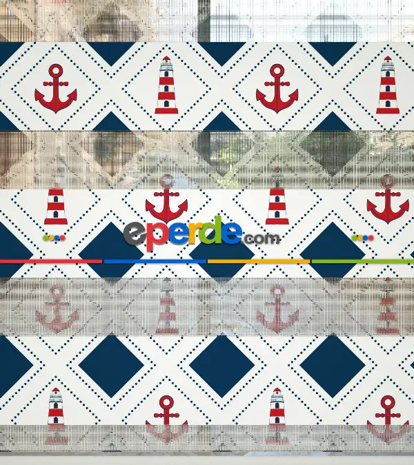 Çocuk Odası Zebra Perde - Çapa Desen Baskılı Zebra Perde- Lacivert-Kırmızı