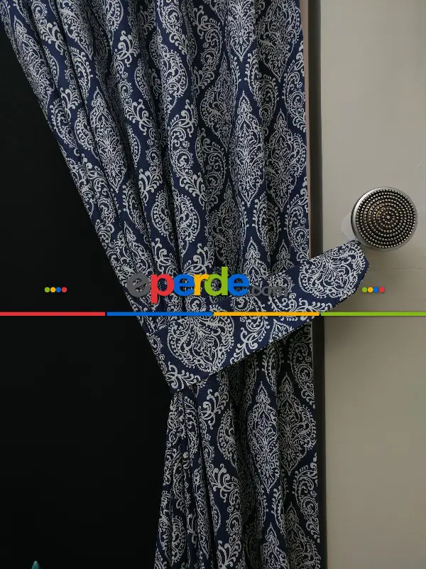Yatak Odası - Damask Desenli Salon Odası Fon Perde- Beyaz-Mavi Koyu