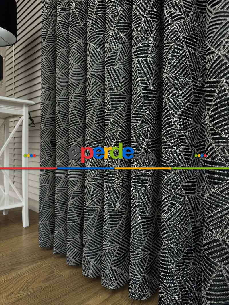 Dolcevita Siyah Gri Geometrik Desen Premium Jakar Dokuma Fon Perde