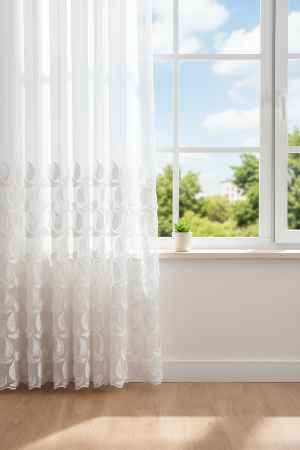 Bambu Zemin, Etek Püsküllü Tül Perde, Bambu Doğal Dokulu, Ekru