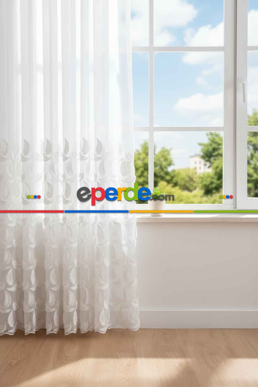 Bambu Zemin, Etek Püsküllü Tül Perde, Bambu Doğal Dokulu, Ekru