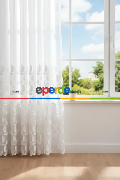 Bambu Zemin, Etek Püsküllü Tül Perde, Bambu Doğal Dokulu, Ekru