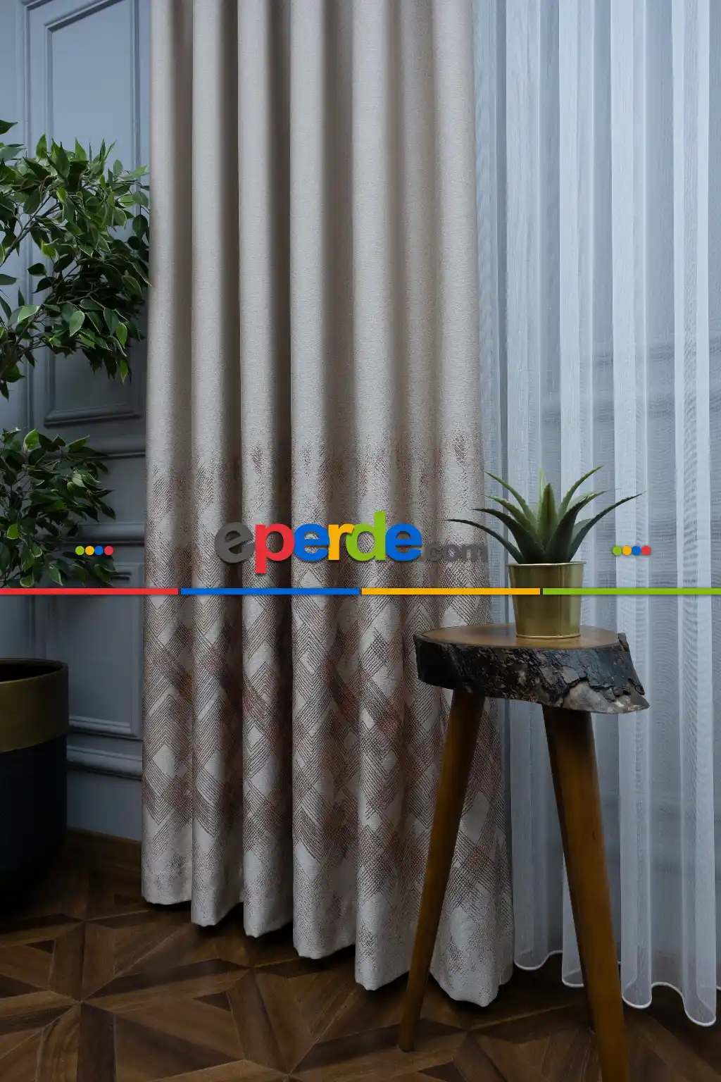 Modern Pano Fon Perde Renk Geçişli Çift Renk - 505- Bej-kahve Koyu-gri Açık-kiremit Rengi