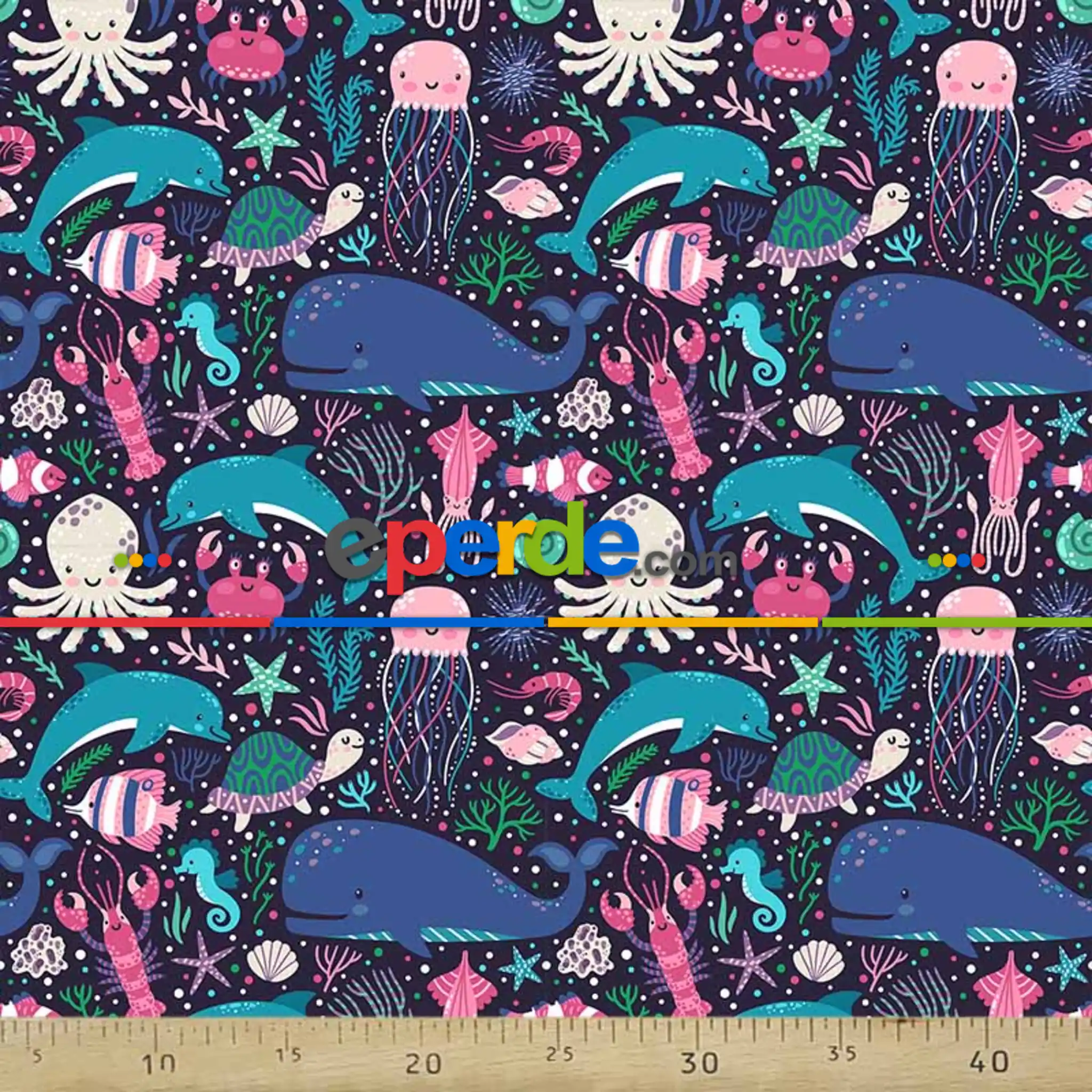 Marine Deniz Canlıları Desenli Fon Perde Evm692 Kumaşı Kalındır Duck Bezi Değildir- Mavi-Beyaz-Turkuaz