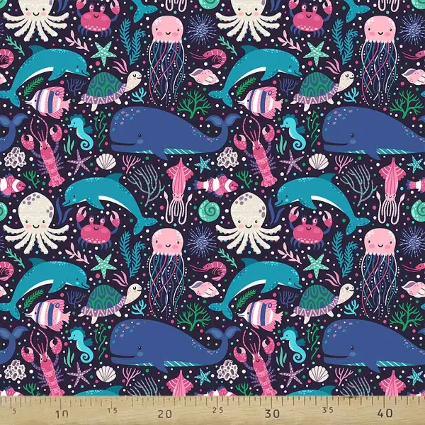 Marine Deniz Canlıları Desenli Fon Perde Evm692 Kumaşı Kalındır Duck Bezi Değildir- Mavi-Beyaz-Turkuaz