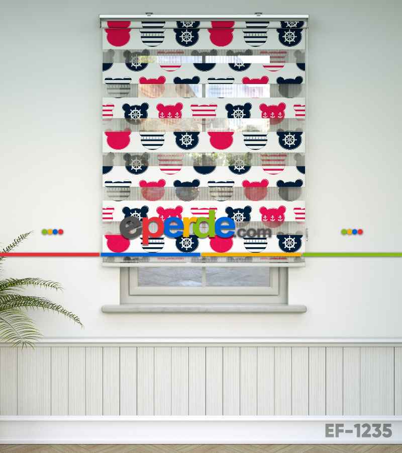 Bebek Odası Zebra Perde - Çapa Baskılı Zebra Perde- Lacivert-Beyaz-Fuşya