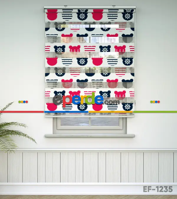 Bebek Odası Zebra Perde - Çapa Baskılı Zebra Perde- Lacivert-Beyaz-Fuşya