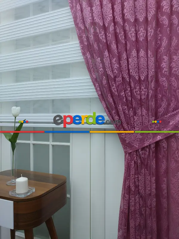 Tül Fon Perde- Gül Kurusu Damask Desenli- Gül Kurusu