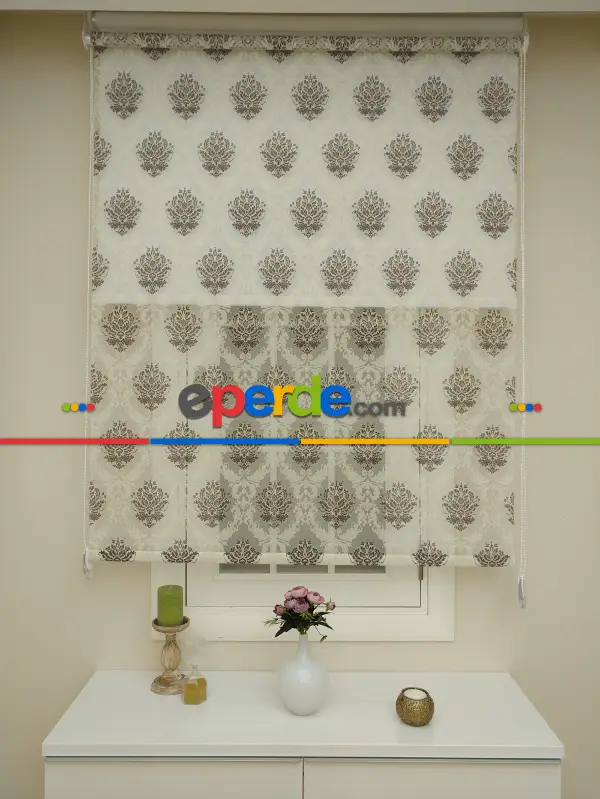 Yakma Tül Stor - Çiftli Sistem Desenli Perde (burn Out)- Kahve-açık Vizon