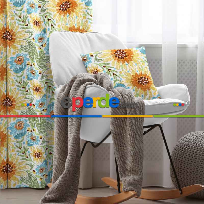 Çiçekli Fon Perde Evim1599 Kumaşı Kalındır Duck Bezi Değildir- Mavi-beyaz