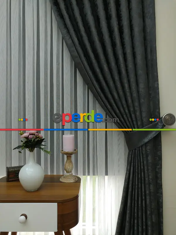 Antrasit Füme Renk Jakar Desenli Fon Perde- Antrasit