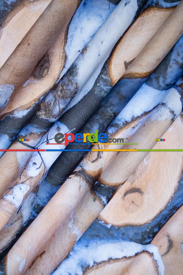 Hazır Ölçülü Dökümlü Kumaştan Kış Ve Odun Baskılı Pilesiz Fon Perde 1. Kalite