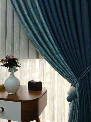 Mavi Lacivert Renk Kombinli Desenli Fon Perde- Lacivert-mavi