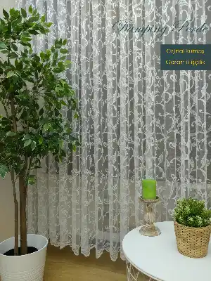 ( Orjinal ) Sarmaşık Desenli Fransız Dantel Tül Perde- Ekru