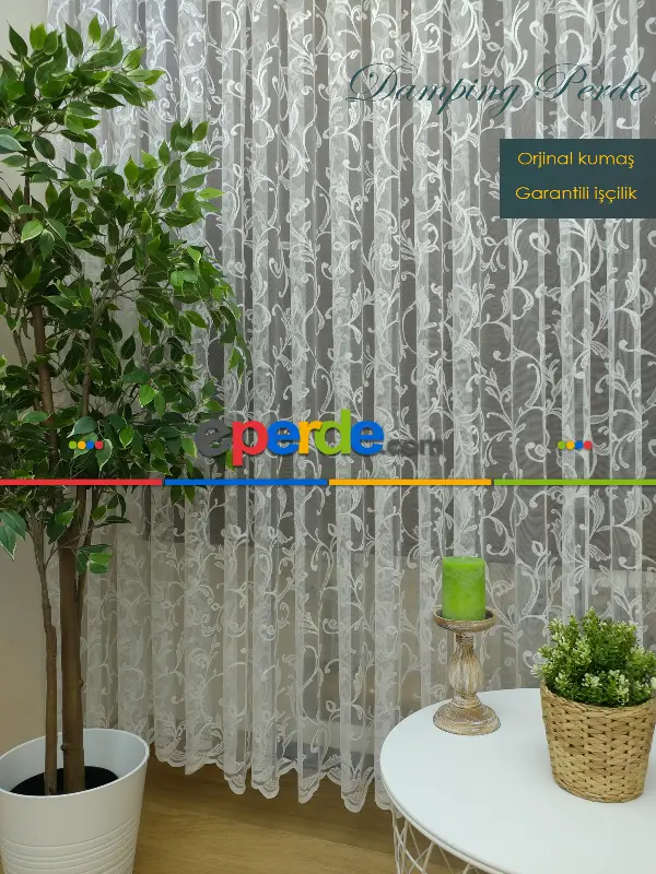 ( Orjinal ) Sarmaşık Desenli Fransız Dantel Tül Perde- Ekru
