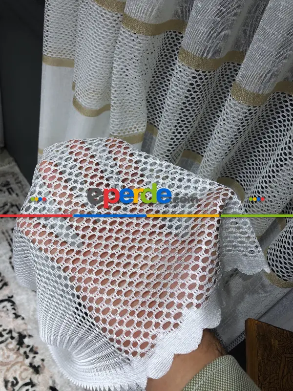 Salon - Aplik, Jakar, Eteği Bordürlü, Tül Perde - Ekru/gold