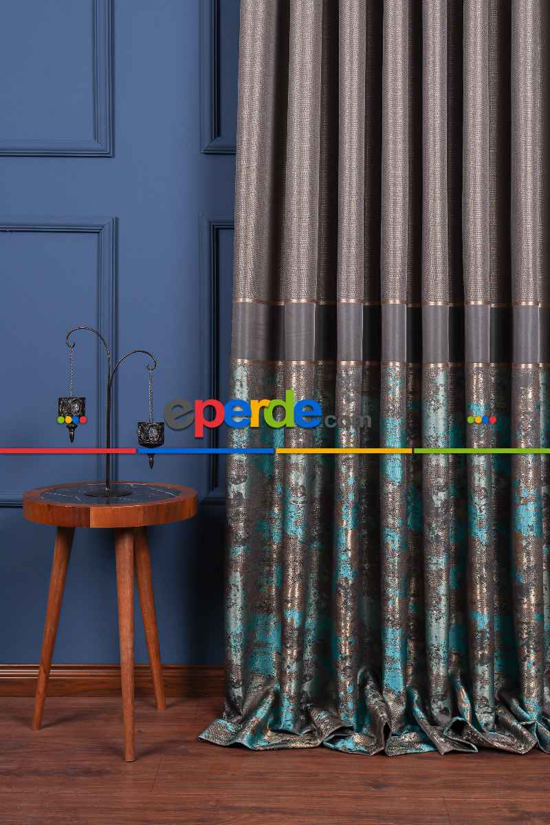 Yatak Odası Fon Perde - Simay Gri-turkuaz-gold Pano Fon Perde