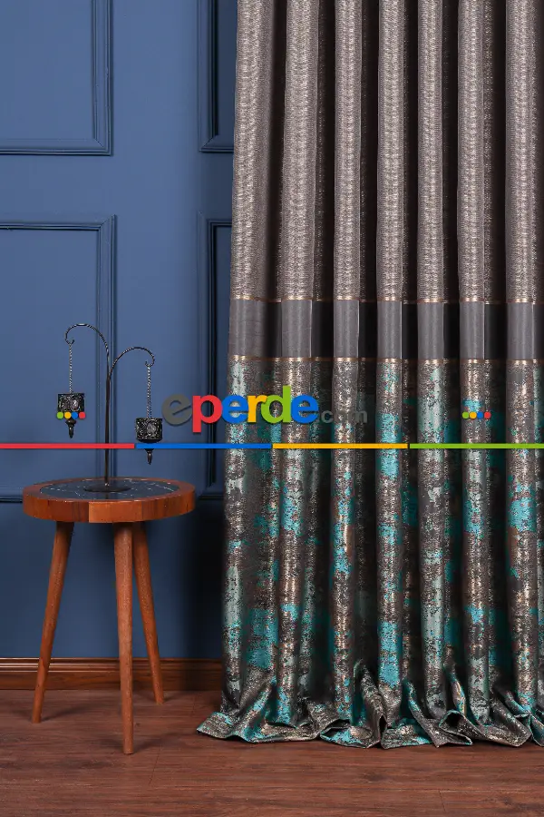 Yatak Odası Fon Perde - Simay Gri-turkuaz-gold Pano Fon Perde