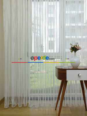 Zincir Desen Yüksek Kaliteli İpek Zemin Tül Perde- Ekru - Kurşunlu Tül