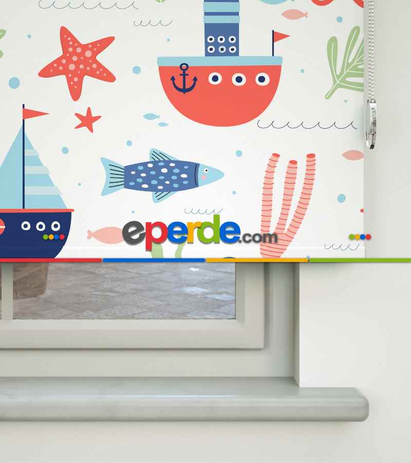 Çocuk Odası Stor Perde - Denizci Desenli Baskılı Stor Perde- Çok Renkli