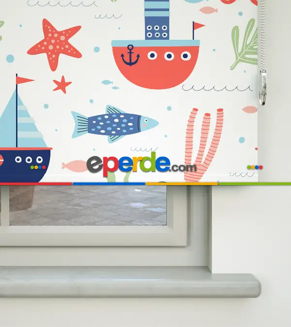 Bebek Odası - Denizci Desenli Baskılı Stor Perde- Çok Renkli