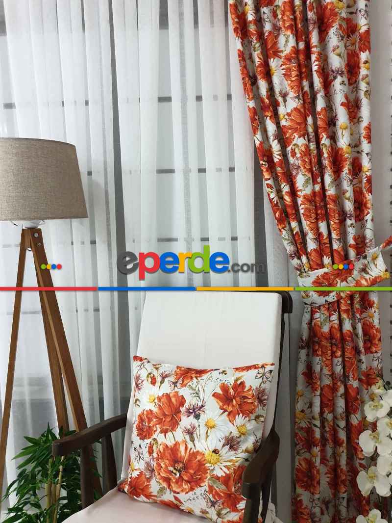 Turuncu Çiçek Desenli Fon Perde Evm645 Kumaşı Kalındır Duck Bezi Değildir- Sarı-beyaz-turuncu