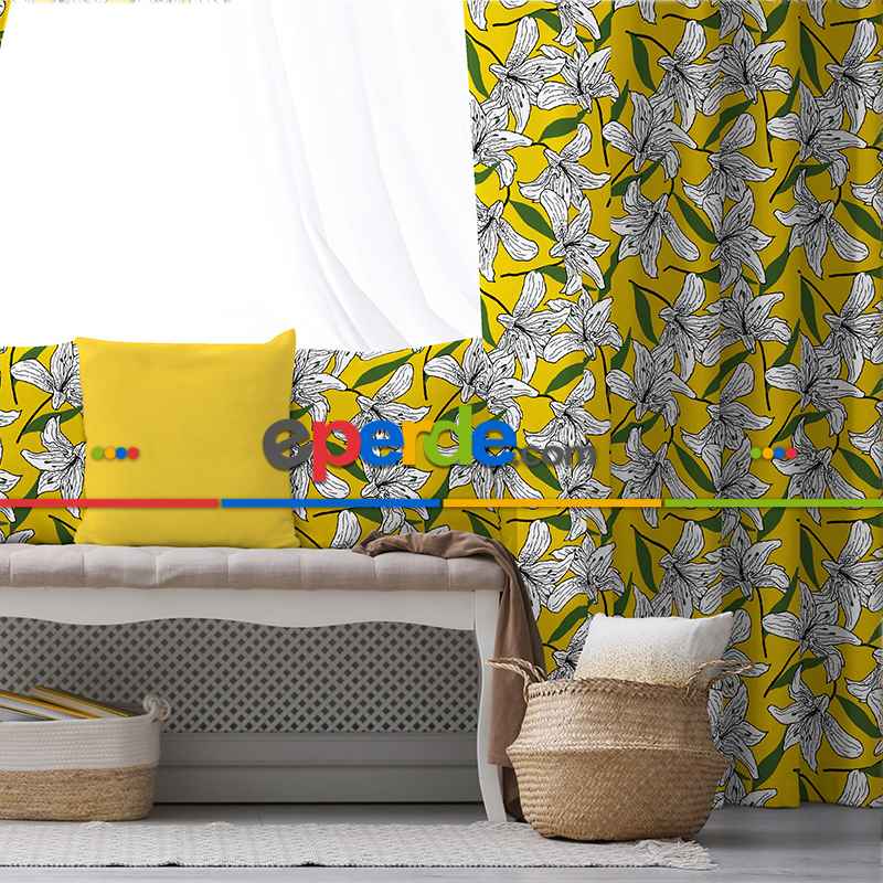 Sarı Fon Perde Evim1589 Kumaşı Kalındır Duck Bezi Değildir- Mavi-beyaz
