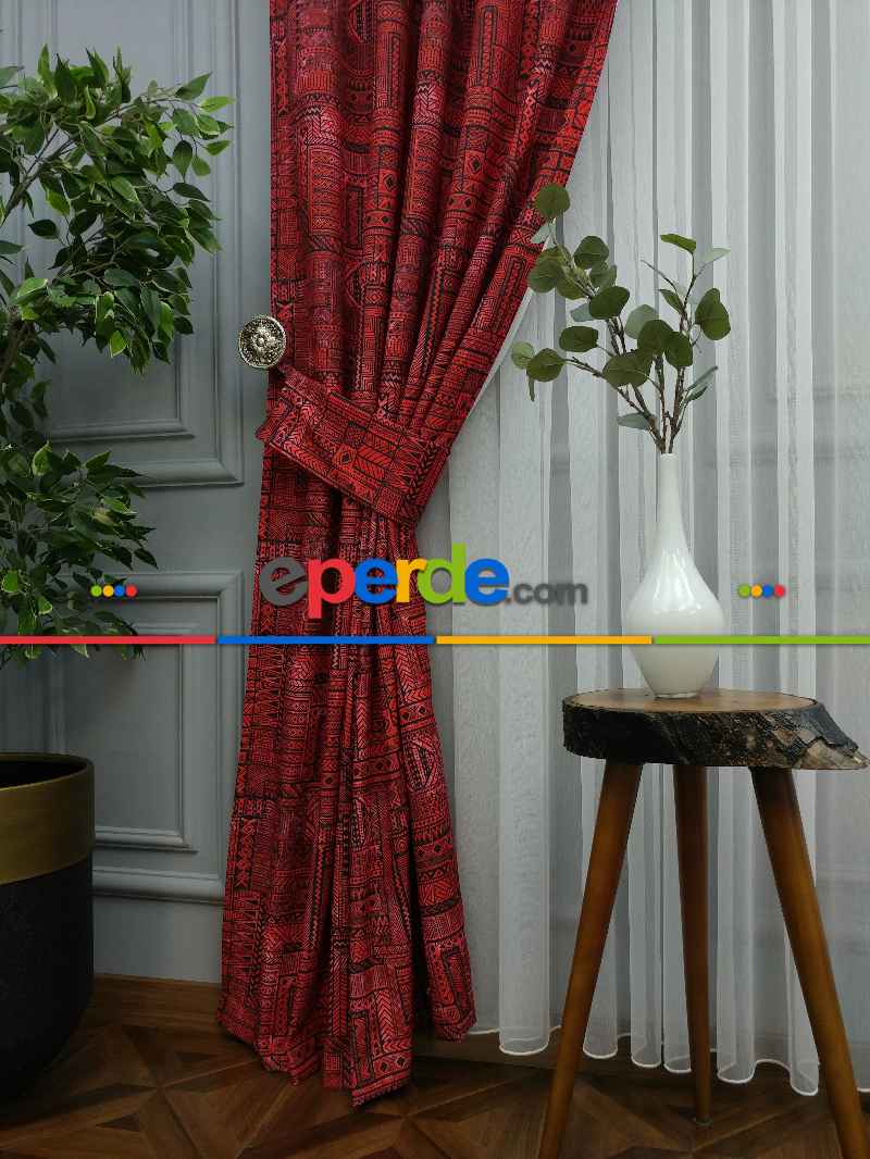 Kırmızı Geometrik Desenli Fon Perde Evm708 Kumaşı Kalındır Duck Bezi Değildir- Kırmızı Koyu