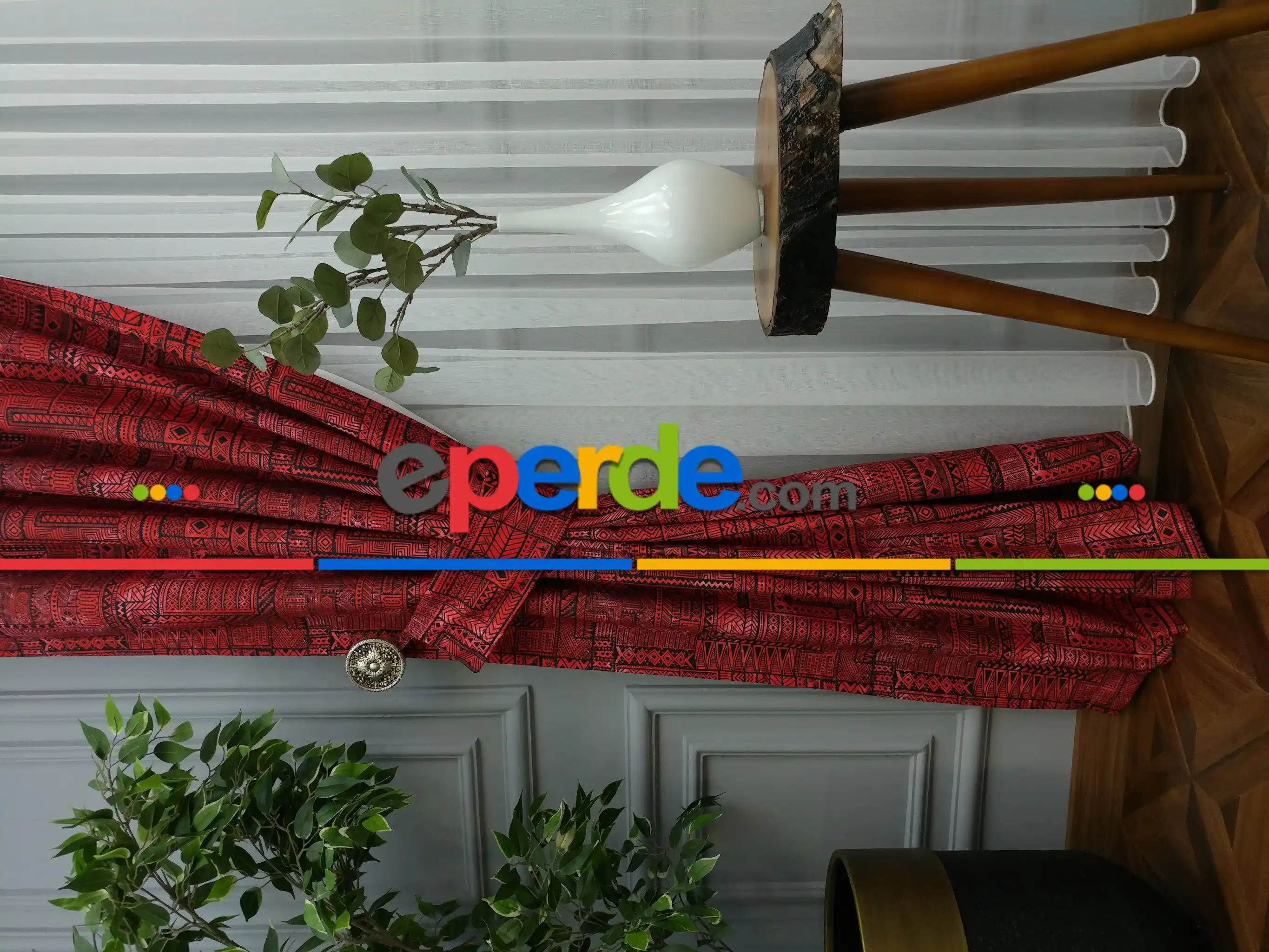 Kırmızı Geometrik Desenli Fon Perde Evm708 Kumaşı Kalındır Duck Bezi Değildir- Kırmızı Koyu