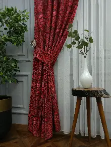 Kırmızı Geometrik Desenli Fon Perde Evm708 Kumaşı Kalındır Duck Bezi Değildir- Kırmızı Koyu