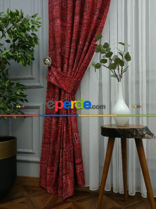 Kırmızı Geometrik Desenli Fon Perde Evm708 Kumaşı Kalındır Duck Bezi Değildir- Kırmızı Koyu