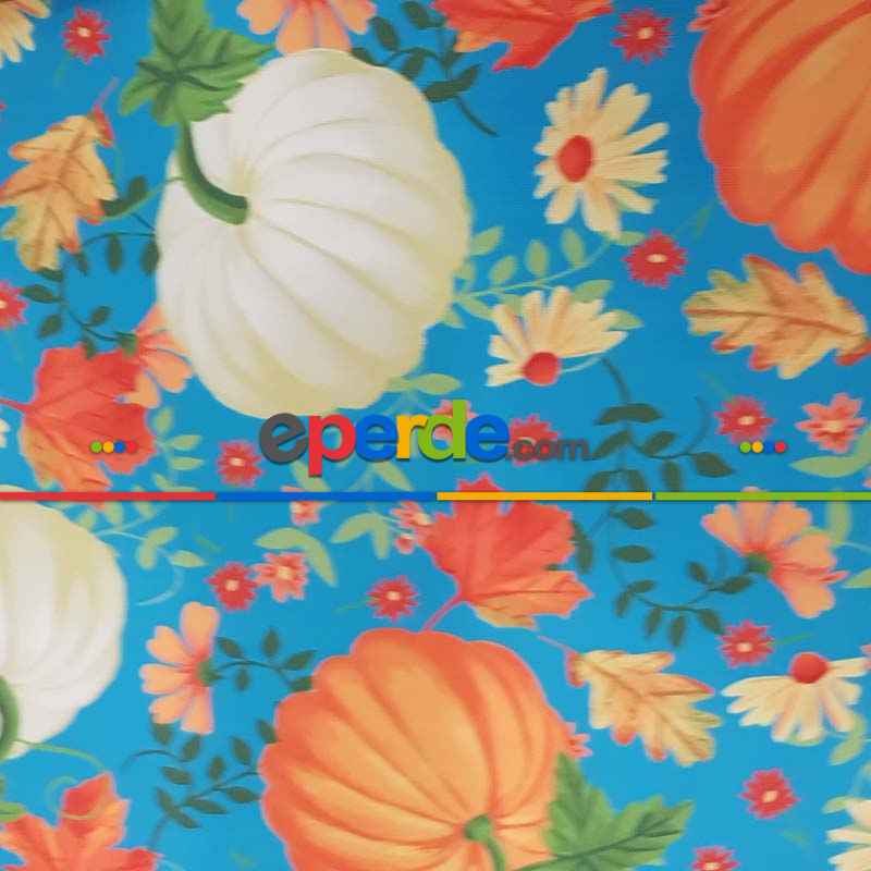 Kabak Desenli Fon Perde Evm1531 Kumaşı Kalındır Duck Bezi Değildir- Mavi-Turuncu