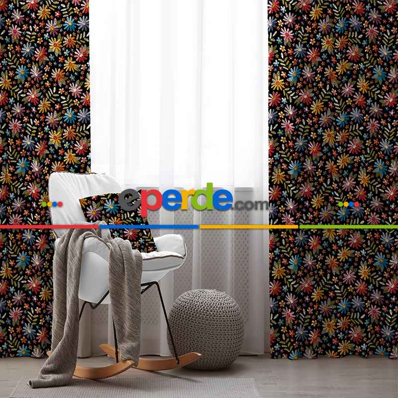 Rengarenk Çiçekli Desenli Fon Perde Evim317 Kumaşı Kalındır Duck Bezi Değildir- Mavi-beyaz