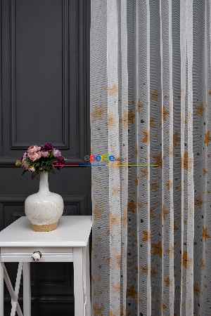 Hazır Ölçülü Petek Zemin Koyu Sarı Renkli Yıldız Ve Kalpler Desenli Grek Baskılı Tül Perde