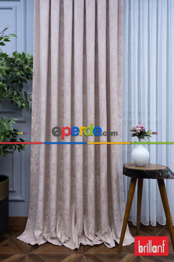 Patinedesenli Brillant Jakar Fon Perde(dökümlü Fon )- Bej-pudra