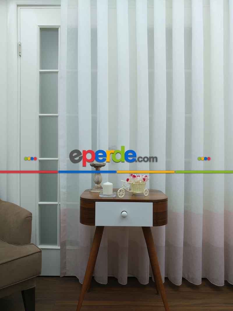 Mutfak - Pudra - Keten Tül Degrade Perde- Krem-pudra